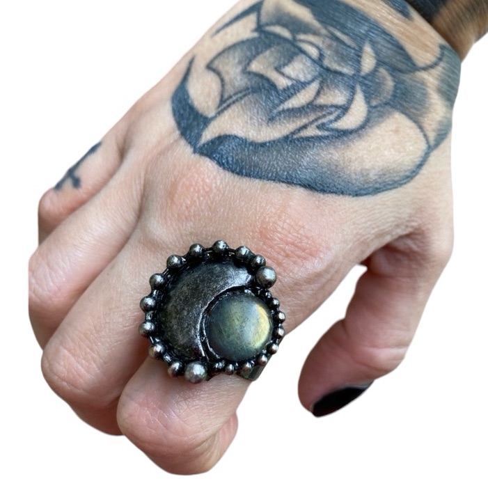 Natural Green Yellow Iridescent Labradorite Gemstone Crescent Moon Adjustable